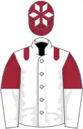 White, maroon epaulettes, maroon and white halved sleeves, maroon cap, white diamonds