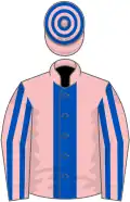 Pink, royal blue panel, striped sleeves, hooped cap