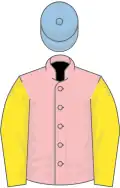 Pink, yellow sleeves, light blue cap