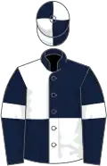 Dark blue and white (quartered), dark blue sleeves, white armlets