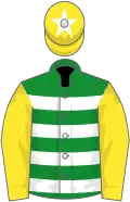 Green and white hoops, yellow sleeves, yellow cap, white star