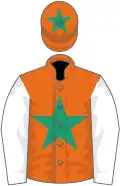 Orange, emerald green star, white sleeves, orange cap, emerald green star