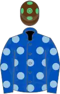 Royal blue, light blue spots, brown cap, emerald green spots