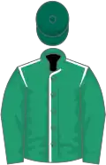 Emerald green, white seams, emerald green sleeves, dark green cap