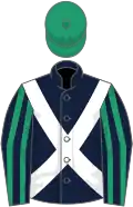 Dark blue, white cross belts, dark blue and emerald green striped sleeves, emerald green cap