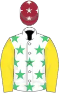 White, emerald green stars, yellow sleeves, maroon cap, white stars
