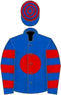Royal blue, red disc, hooped sleeves and cap