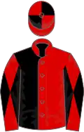 Red and black halved, diabolo on sleeves, quartered cap