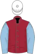 Maroon, light blue sleeves, white cap