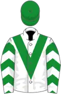 White, green chevron, chevrons on sleeves, green cap
