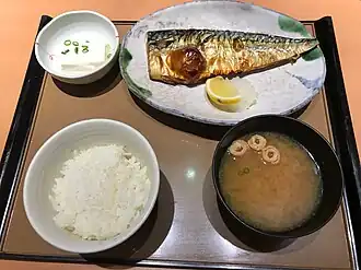 Japanese teishoku meal with grilled mackerel and miso soup
