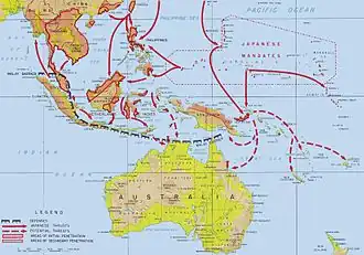 Japanese advances in the Southwest Pacific and Southeast Asia areas during the first five months of the Pacific Campaign of World War II. The proposed offensive on Fiji, Samoa, and New Caledonia is depicted in the lower right corner.