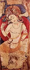 Mural of a Bodhisattva Maitreya at the entrance of the niche of the royal couple. Fondukistan monastery, circa 700 CE. National Museum of Afghanistan.