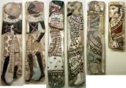 Ramesses III prisoner tiles: Inlay figures, faience and glass, of "the traditional enemies of Ancient Egypt" from Medinet Habu, at the Museum of Fine Arts, Boston. From left: 2 Nubians, Philistine, Amorite, Syrian, Hittite
