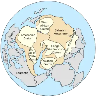 Pannotia, 545&nbsp;Ma (disputed[clarification needed]), centered on South Pole