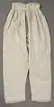 A pantalette undergarment with an open-crotch design, exemplifying 19th-century fashion's blend of practicality and modesty, featuring a gathered waist and lace-trimmed cuffs
