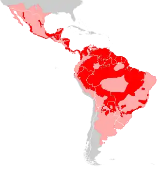 Distribution of jaguars; pink indicates former range.