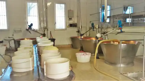 A factory. On the left are large tubes. On the right are large vats with an orange interior.