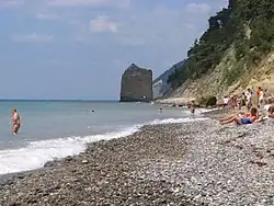 View of the rock from the beach of Praskoveyevka village