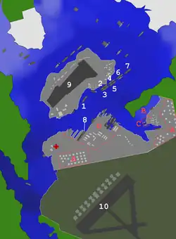 Map of Pearl Harbor, with locations of battleships and facilities