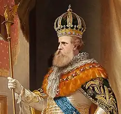 Emperor Pedro II of Brazil wearing a wide collar of orange toucan feathers around his shoulders and elements of the Imperial Regalia. Detail from a painting by Pedro Américo (1872)
