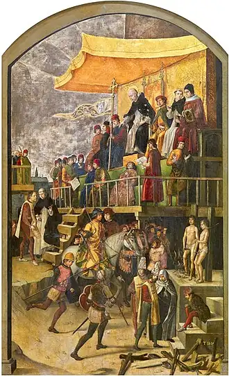 St Dominic, active in the 13th century, shown presiding over an auto-da-fé ceremony of a kind only instituted more than two hundred years after his death[18]