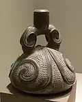 Stirrup-spout vessel with scroll ornament; ceramic; 900-200 BCE; height: 18.4&nbsp;cm, diameter: 16.2&nbsp;cm; Dallas Museum of Art (Dallas, Texas, USA)