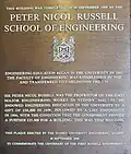 Plaque commemorating the centenary of Russell's £100,000 donation to the School of Engineering, affixed to the northern entrance to the John Woolley Building at the University of Sydney