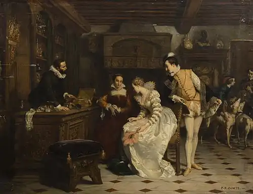Jeanne III of Navarre buying poisoned gloves from Catherine de' Medici's Parfumeur, René