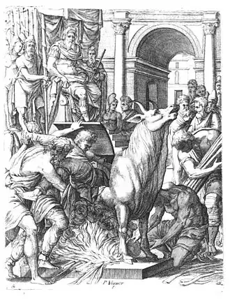 Image 87Perillos being forced into the brazen bull that he built for Phalaris (from List of mythological objects)