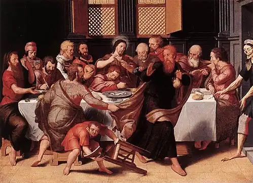 The Last Supper (inscription above the door jamb: 1548), 46.5 × 63&nbsp;cm, Groeningemuseum, Bruges