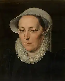 Portrait of a Woman, c. 1535–84, 34&nbsp;cm × 27.5&nbsp;cm, Inscriptions top left: "A.DNI.1548; middle above: OBIIT A 60; top right: AETATIS MEAE 56", Royal Museum of Fine Arts Antwerp (KMSKA), Belgium