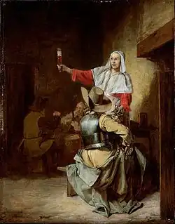 Tavern interior with soldiers and a serving woman