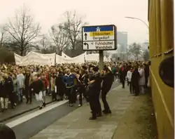 Demonstration, people with banners