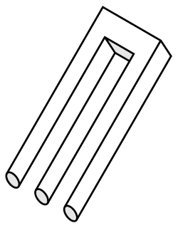 Impossible trident (or devil's tuning fork) – also known as a "blivet", this has three cylindrical prongs at one end, which then mysteriously transform into two rectangular prongs at the other end.