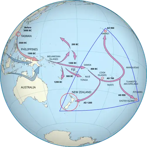 One set of arrows point from Taiwan to Melanesia to Fiji/Samoa and then to the Marquesas Islands. The population then spread, some going south to New Zealand and others going north to Hawai'i. A second set start in southern Asia and end in Melanesia. (from History of New Zealand)