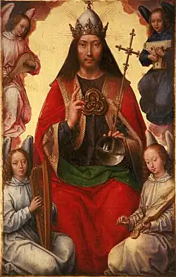 Hans Memling, Earthly Vanity and Divine Salvation, detail (c. 1485). Musée des Beaux-Arts de Strasbourg (also bearing attributes of a Christ in Majesty, such as the crown)