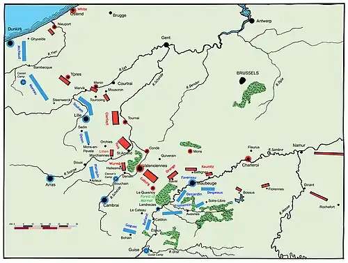 Map shows the situation in northeast France in early April 1794.