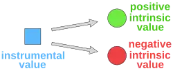 Diagram with a box labelled "instrumental value", two arrows, and two circles labelled "positive intrinsic value" and "negative intrinsic value"