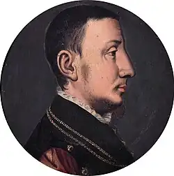 Painting of René of Chalon, shown half-length, in profile, facing right. He wears black and red formal wear.