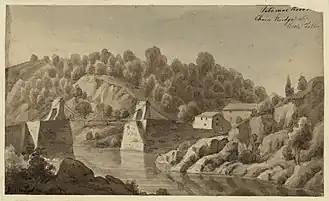 1839 illustration of the Chain Bridge, looking towards the Virginia side