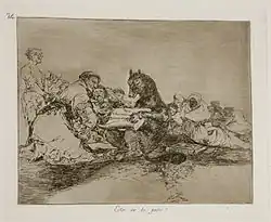 A wolf writes orders on a scroll on his lap assisted by a friar. They are giving orders to a long line of suffering, poor, and hungry people.