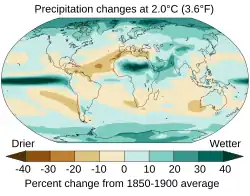 Contour map of modeled relative changes in global average annual precipitation given 2&nbsp;°C of warming