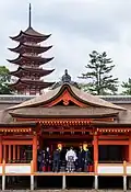 President Joe Biden greets Prime Minister Fumio Kishida and Chief Priest (Guuji) Motoaki Nosaka on May 19, 2023