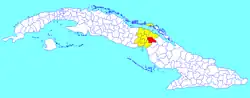 Primero de Enero municipality (red) within Ciego de Ávila Province (yellow) and Cuba