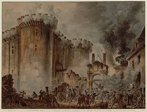 drawing of the Storming of the Bastille on 14 July 1789, smoke of gunfire enveloping stone castle