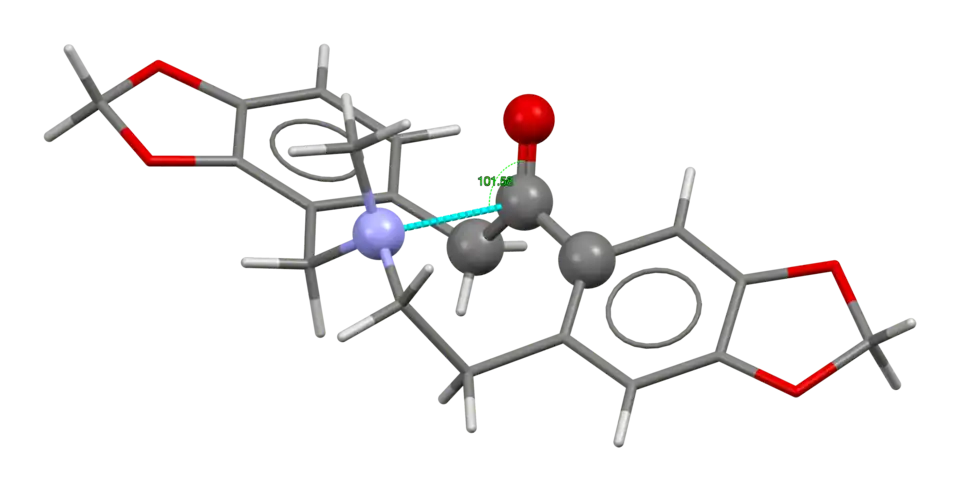 The amine-to-carbonyl n→π* interaction in protopine with an unusually short N···C distance of 2.555 Å and a Bürgi–Dunitz angle of 102°.