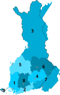 1922-1938 1&nbsp;Turku and Pori 2&nbsp;Uusimaa 3&nbsp;Oulu 4&nbsp;Mikkeli 5&nbsp;Vaasa 6&nbsp;Kuopio 7&nbsp;Viipuri 8&nbsp;Tavastia 9&nbsp;Åland