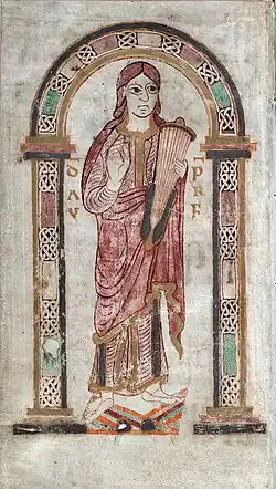 Before 788 A.D., Mondsee Abbey, Austria. David playing a Germanic lyre (or possibly a lyre-shaped psaltery). Montpellier Psalter, also known as the Tassilo Psalter. The instrument has a tailpiece and 10 strings.