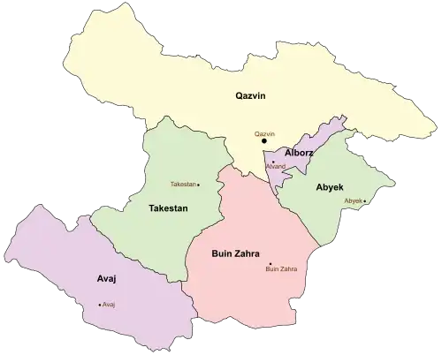 Location of Alborz County in&nbsp;Qazvin&nbsp;province (right, purple)